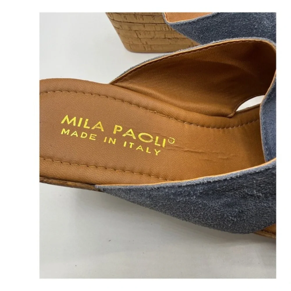 Mila Paoli Women Size 9 Blue Suede‎ Wedge Open Toe Sandals Platform Espadrille
